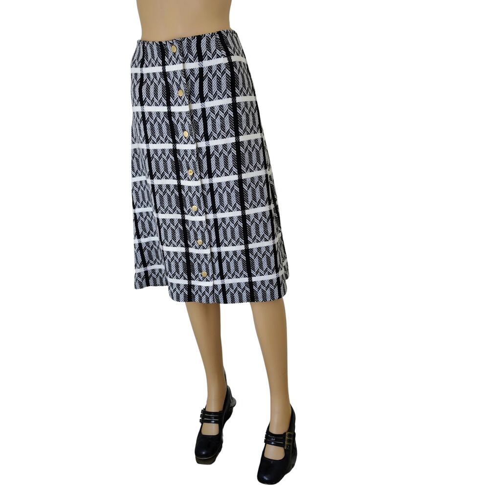 1960s Black White Chevron Plaid A Line Handmade Button Up Midi Skirt Size XS